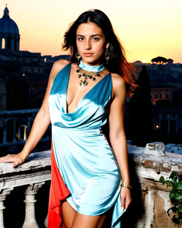 Adult woman in a blue satin dress photographed on a Rome rooftop